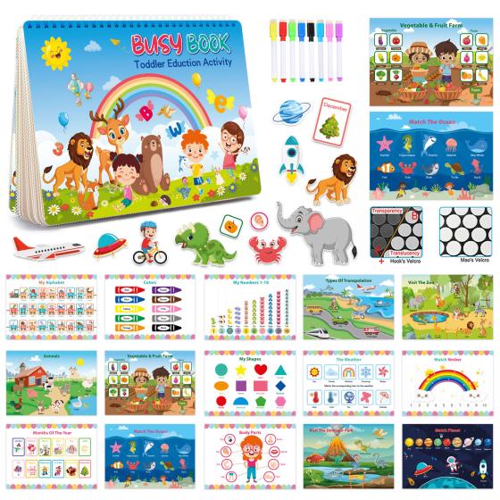 Toddler Busy Book Montessori Toy: A sensory educational toy for toddlers featuring 16 themes, perfect as an activity book for preschool and kindergarten kids.
