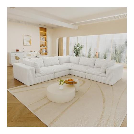 118"ModularCouchSectionalCloudSofawithDeepSeat,MinimalistV-ShapedDesignandCorduroyUpholsteryforLivingRoom,ApartmentorOffice,Down-FilledCushions,White