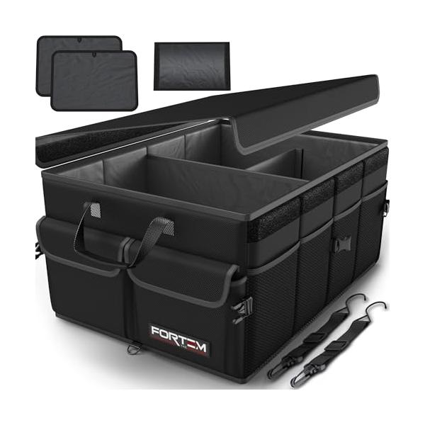 FORTEMTrunkOrganizer-FoldableCarOrganizer&StorageforSUVs&Trucks|CarAccessoriesforMenWomen,CollapsibleBag,NonSlipBottom,Straps,SoftCover,600DOxford,Black,3Compartments,50L