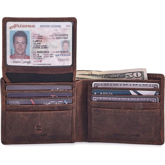 Cochoa Men's Real Leather RFID Blocking Bifold Wallet Stylish Anti Theft Security With 2 ID Window
