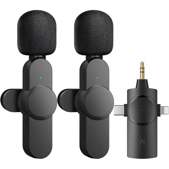 AIKELA Dual Wireless Lavalier Lapel Microphone for iPhone, Android, Camera-Cordless Double Mics Plug-Play 2.4G Ultra Low Delay Built-in Noise Reduction Chip 7H Long Working Time for Two-Person Creator