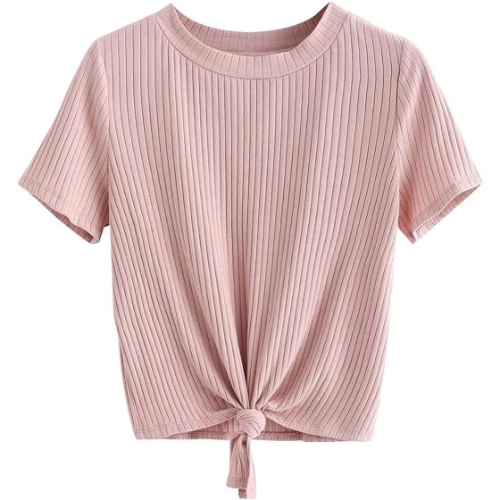 Romwe Women's Cute Knot Front Solid Ribbed Tee Crop Top T-Shirt