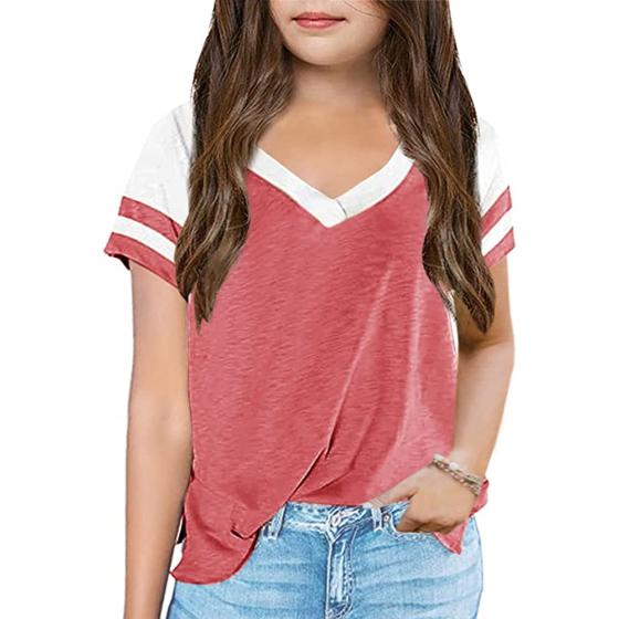 Kids Tops V Neck Short Sleeve Summer Tshirts Girls Color Block Side Split Loose Athletic Tees