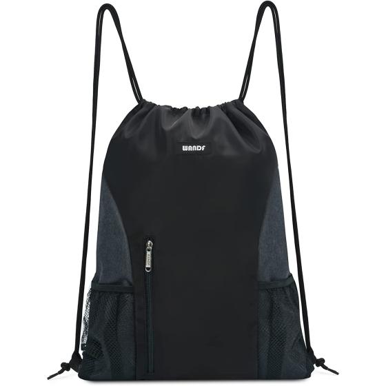 WANDF Drawstring Backpack Sports Gym Sackpack with Mesh Pockets Water Resistant String Bag for Women Men Children (Black)