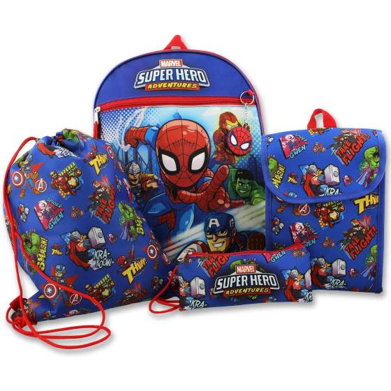 Super Hero Adventures Boys 5 piece Backpack and Snack Bag School Set (One Size, Blue/Red)