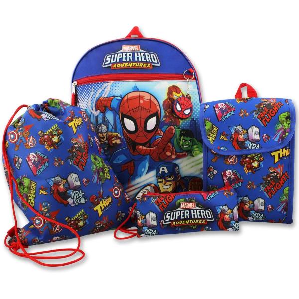 Super Hero Adventures Boys 5 piece Backpack and Snack Bag School Set (One Size, Blue/Red)