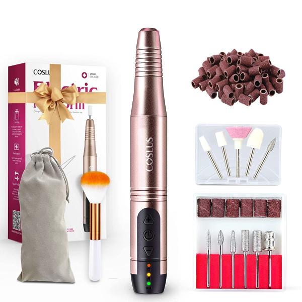 COSLUS Cordless Nail Drill Electric File: Professional for Acrylic Gel Dip Powder Nails Portable Nail Drill Machine Kit for Manicure Pedicure Nail Dremel Set with Everything Rechargeable Lightweight