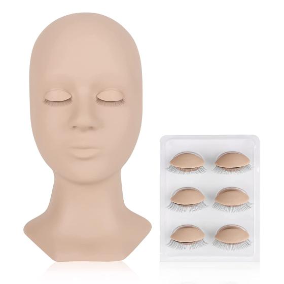 LASHVIEW Lash Mannequin Head,Replaced Eyelids Mannequin Head, For Lash Extension Practice, with 4 Pairs Replaced Eyelids, Makeup Soft-Touch Rubber Practice Head, Natural Skin Color
