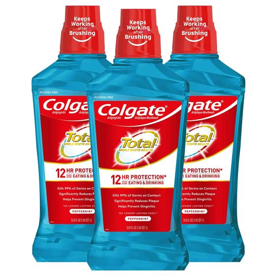 Colgate Total Mouthwash, Alcohol Free Mouthwash, Peppermint, 33.8 Ounce, 3 Pack