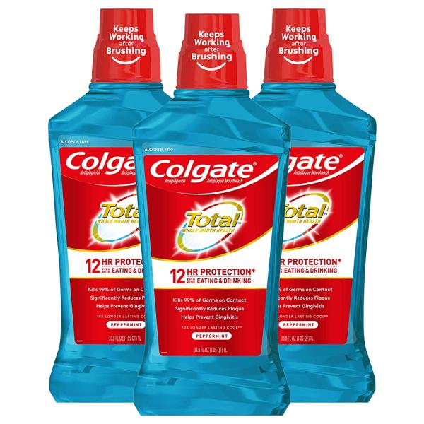 Colgate Total Mouthwash, Alcohol Free Mouthwash, Peppermint, 33.8 Ounce, 3 Pack