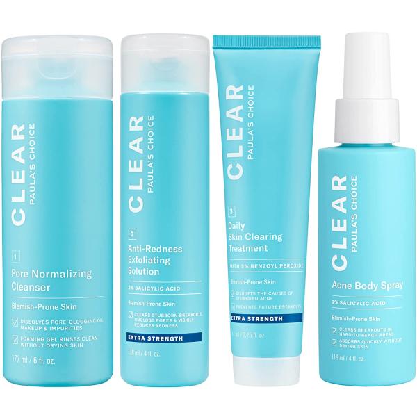 Paula’s Choice CLEAR Extra Strength Acne Kit + CLEAR Back & Body Spray, 4-Piece Kit to Treat & Prevent Severe Acne, Salicylic Acid (BHA) for Face & Body Acne and 5% Benzoyl Peroxide Treatment