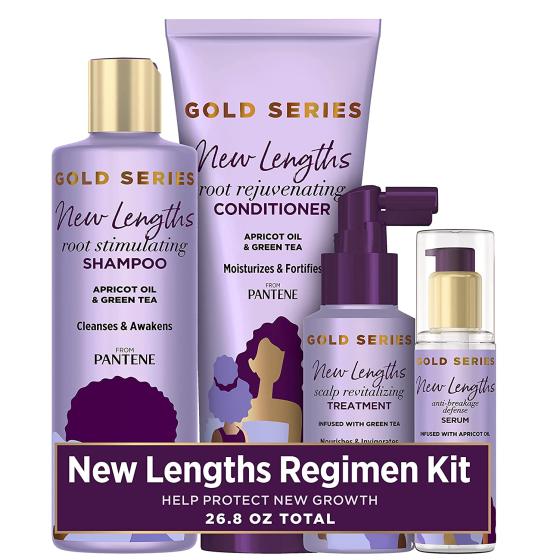 Pantene New Lengths Bundle with Root Stimulating Shampoo, Rejuvenating Conditioner, Scalp Revitalizing Treatment and Anti-Breakage Serum, made with Apricot Oil and Green Tea, for Natural and CurlyHair