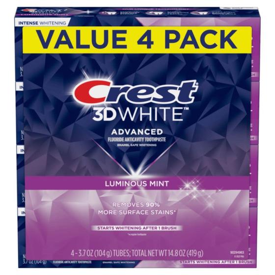 Crest 3D White Toothpaste, Advanced Luminous Mint, Teeth Whitening Toothpaste, 3.7 Oz (Pack of 4)