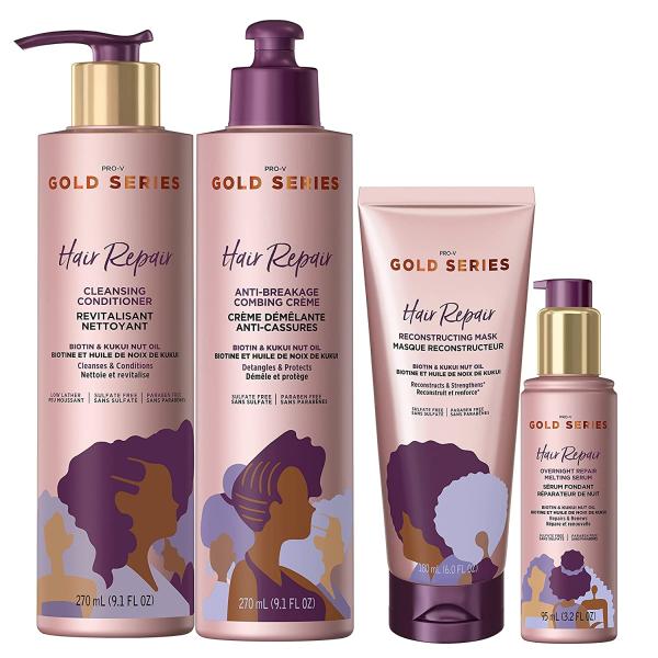 Pantene Gold Series Hair Mask, Anti-Breakage Combing Crème, Overnight Repair Serum, and Cleansing Conditioner, with Biotin & Kukui Nut, for Natural, Curly and Coily, Textured Hair, 815 milliliters