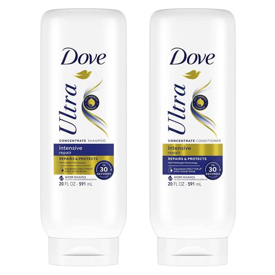 Dove Ultra Intensive Repair Concentrate Shampoo And Conditioner For Damaged Hair Repairs And Protects In 30 Seconds, 2X More Washes, Combo Pack, 20 fl oz (Pack of 2)