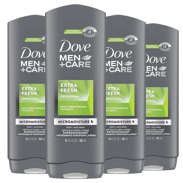 Dove Men+Care Body Wash Extra Fresh 4 Count for Men's Skin Care Body Wash Effectively Washes Away Bacteria While Nourishing Your Skin, 18 oz