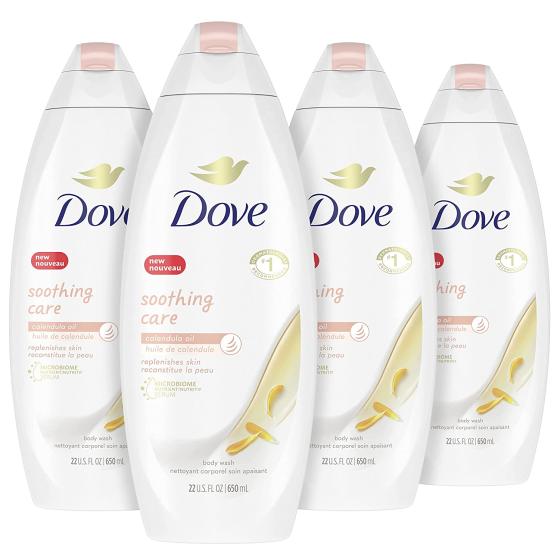 Dove Soothing Care Body Wash for Sensitive Skin with Calendula-Infused Oils Hydrates and Replenishes Skin Sulfate Free, 22 Fl Oz (Pack of 4)