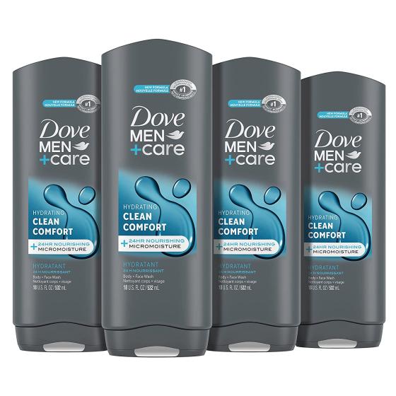 Dove Men+Care Body and Face Wash Clean Comfort 4 Count for Healthier and Stronger Skin Effectively Washes Away Bacteria While Nourishing Your Skin, 18 oz