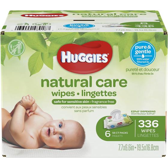 HUGGIES Natural Care Unscented Baby Wipes, Sensitive, Water-Based, 6 Flip-top Packs, 56 Count (Pack of 6)