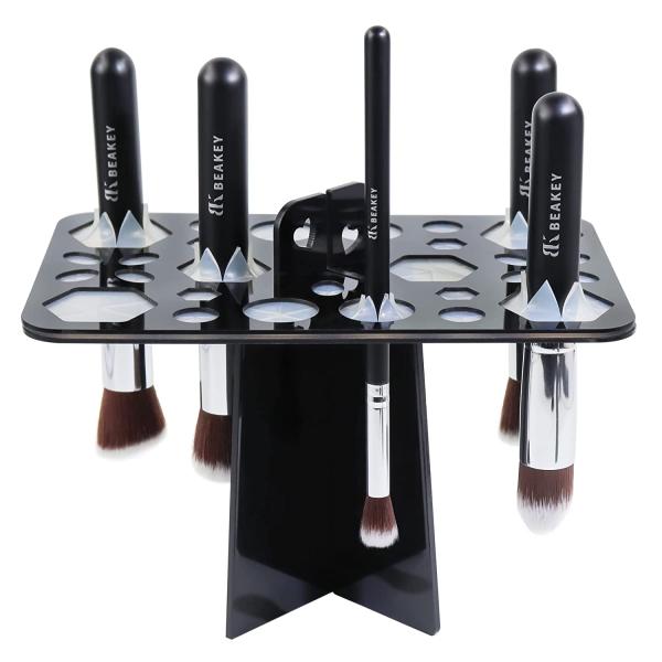 BEAKEY Makeup Brush Drying Rack, Collapsible Acrylic Makeup Brush Holder, Makeup Brush Dryer stand with 28 Holes, for Storing and Drying Various Sizes and Types of Brushes - Black