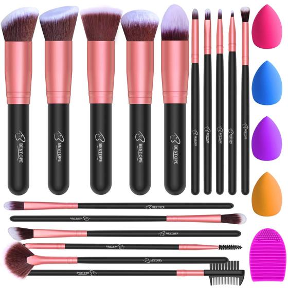 BESTOPE PRO 16Pcs Makeup Brushes Set, 4Pcs Beauty Blender Sponge Set and 1 Brush Cleaner, Premium Synthetic Foundation Brushes Blending Face Powder Eye Shadows Make Up Brushes Kit (Black Rose Gold)