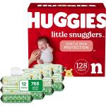 Baby Diapers and Wipes Bundle: Huggies Little Snugglers Newborn Size, 128ct & Natural Care Sensitive Baby Diaper Wipes, Unscented, 12 Flip-Top Packs (768 Wipes Total)