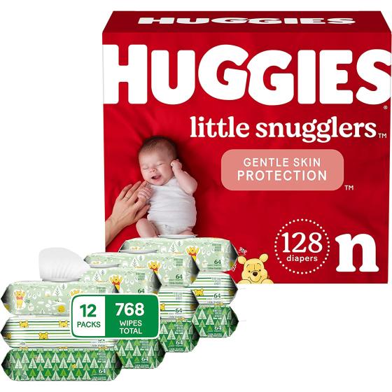Baby Diapers and Wipes Bundle: Huggies Little Snugglers Newborn Size, 128ct & Natural Care Sensitive Baby Diaper Wipes, Unscented, 12 Flip-Top Packs (768 Wipes Total)