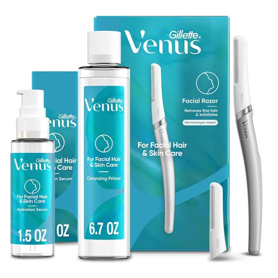 Gillette Venus Facial Razor, Exfoliating Dermaplaning Tool for Face with 2 Blade Refills with Facial Hair & Skin Care Cleansing Primer for Dermaplane Prep and Facial Hydration Serum