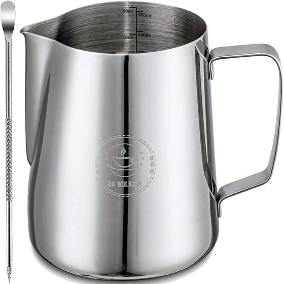 Milk Frothing Pitcher 20oz,Espresso Steaming Pitcher 20oz,Espresso Machine Accessories,Milk Frother cup 20oz,Milk Coffee Cappuccino Latte Art,Stainless Steel Jug