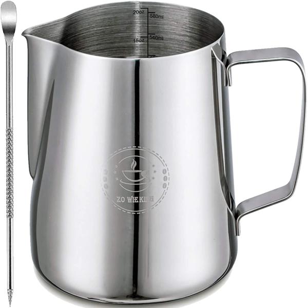 Milk Frothing Pitcher 20oz,Espresso Steaming Pitcher 20oz,Espresso Machine Accessories,Milk Frother cup 20oz,Milk Coffee Cappuccino Latte Art,Stainless Steel Jug