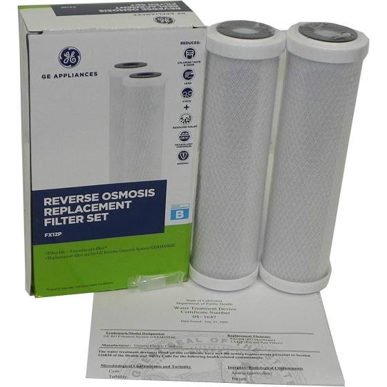 Genuine GE FX12P Replacement Filters for GE GXRM10RBL RO Systems Includes Retail Boxes, Silicon O-Ring Lubricant, Instruction, Certificate, 1 Box with 2 Filters Inside, Also for GE PNRV12 GXRV10