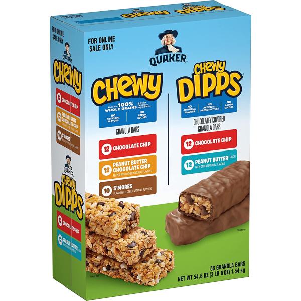Quaker Chewy Granola Bars， Chewy &amp; Dipps Variety Pack， (58 Bars)