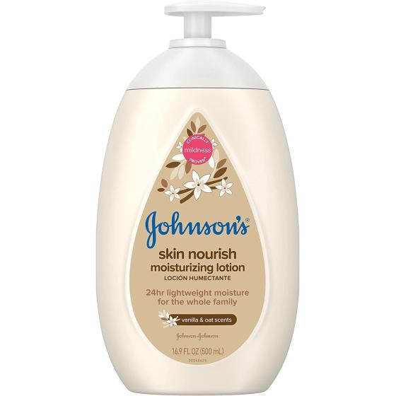 Johnson's Skin Nourish Moisturizing Baby Lotion for Dry Skin with Vanilla &amp; Oat Scents， Gentle &amp; Lightweight Body Lotion for The Whole Family， Hypoallergenic， Dye-Free， 16.9 fl. oz