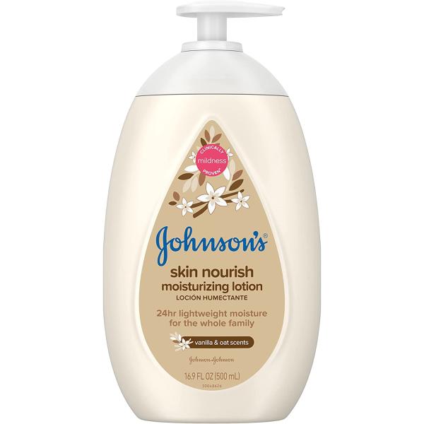 Johnson's Skin Nourish Moisturizing Baby Lotion for Dry Skin with Vanilla &amp; Oat Scents， Gentle &amp; Lightweight Body Lotion for The Whole Family， Hypoallergenic， Dye-Free， 16.9 fl. oz