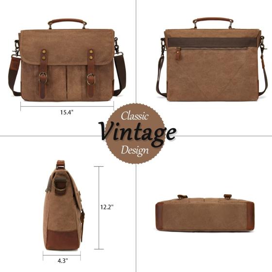 Mens Messenger Bag 15.6 Inch Waterproof Vintage Genuine Leather Waxed Canvas Briefcase Retro Office Computer Laptop Bag Large School Satchel Shoulder Bag for Men Women， Brown