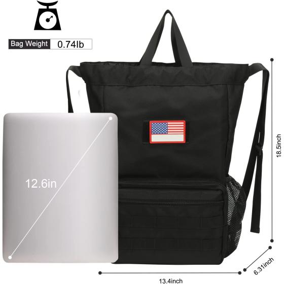 ATRIPACK Tactical Drawstring Backpack， Water-Resistant Swim Bag String Bag Sandproof Beach Backbag American Flag Cinch Sack Bookbag for Men Women Boys Girls Basketball，Swim， Gym， Sports (Black)