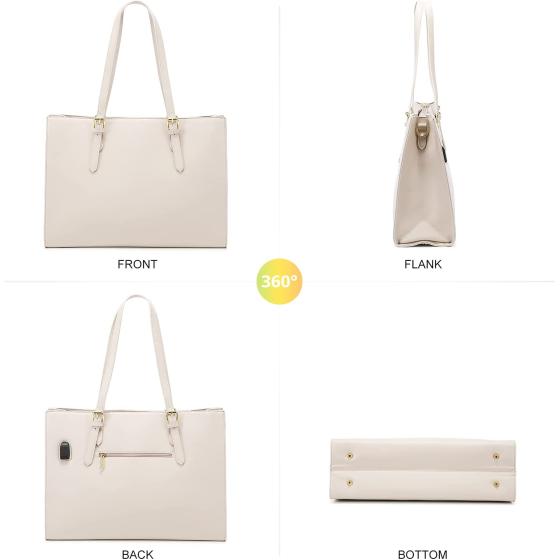 LOVEVOOK Laptop Bag for Women， Fashion Computer Tote Bag Large Capacity Handbag， Leather Shoulder Bag Purse Set， Professional Business Work Briefcase for Office Lady， 2PCs， 15.6-Inch， Beige White