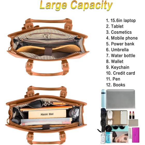 Laptop Tote Bag for Women, Large Waterproof PU Leather Work Briefcase with USB Charging Port Casual Computer Shoulder Bag Messenger fits 15.6 Inch, Business Handbag Satchel Purse 2pcs Set, Black