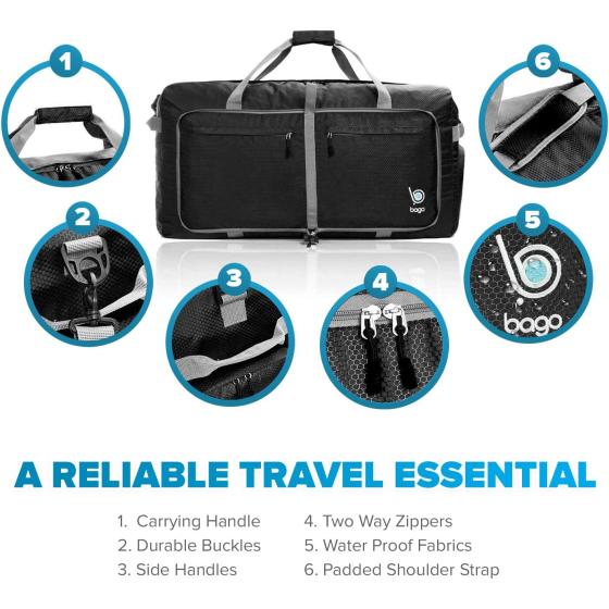 Bago Travel Duffel Bags for Traveling Women & Men- Foldable Weekender Bag - 80L 27" Large Duffle Bag For Travel & Camping Bag - Packable Lightweight Overnight Luggage bag (Black)