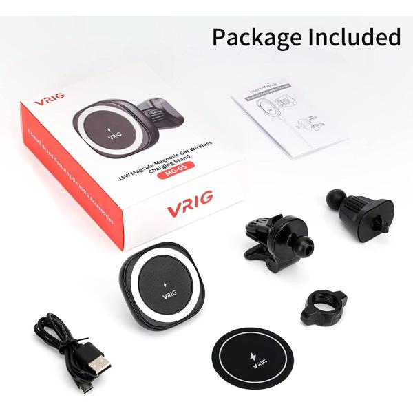 VRIG MG-05 Wireless Charging Magnetic Phone Holder for Car+Free Magnetic disc,Easily Install,15N Strong Magnets,Cell Phone Holder for Car,iPhone Car Holder Compatible with All Smartphones & Tablets