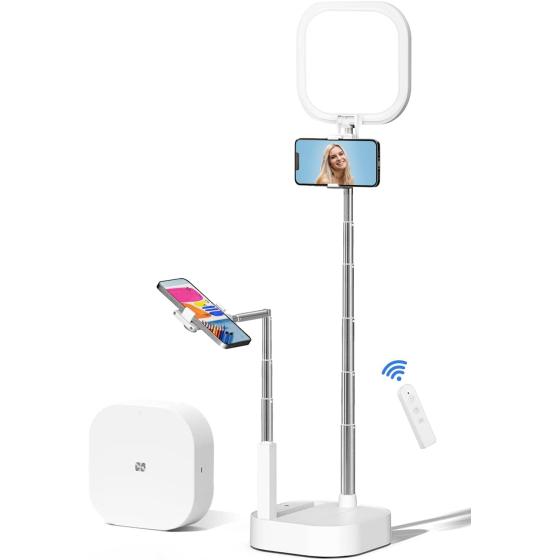 Woumlaiy Selfie Stand with 360° Rotates Phone Holder， Foldable/Rechargeable/Wireless/Overhead Recording with 3600mah Battery for Live Stream/Make up/Tiktok/Vlog， 15 Brightness LED Light