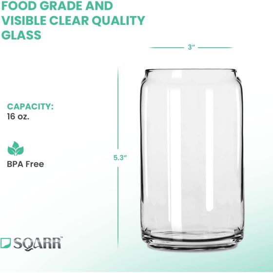 Drink Glasses Can Shaped Cocktail Glasses, Beer Mug Glass Tumblers with Lids - 6 Glassware Sets Iced Coffee Soda Can Glasses Cool Mug Set - 16 Oz Capacity Iced Tea Glasses