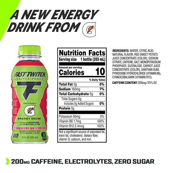 Fast Twitch Energy drink from Gatorade, Strawberry Watermelon, 12oz Bottles, (12 Pack), 200mg Caffeine, Zero Sugar, Electrolytes
