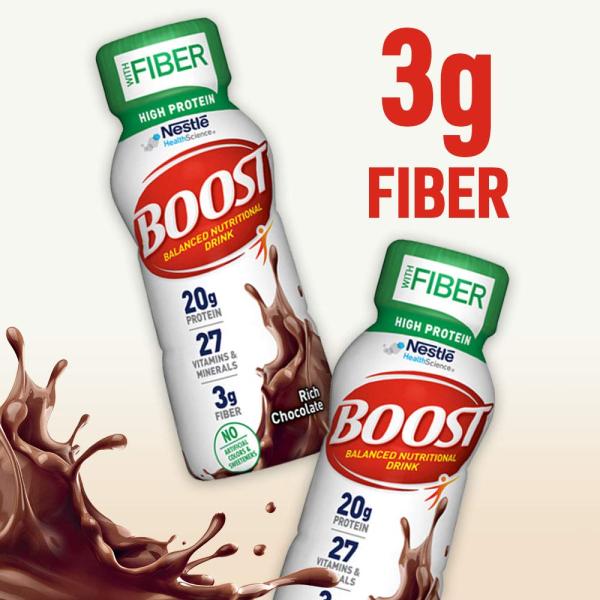 BOOST High Protein with Fiber Complete Nutritional Drink， Rich Chocolate， 8 fl oz Bottle， 24 Pack