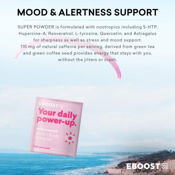 EBOOST Energy Drink & Electrolyte Powder, 20 Packets - Super Powder Pink Lemonade with No Added Sugar - Essential Blend of Vitamins, Nootropics & Natural Caffeine and Hydration - Pre & Post Workout