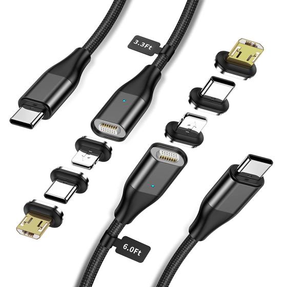 YKZ 3 in 1 Magnetic C to C Cable 4 Pack, Magnet Type C to Type C Charging Cable, [3.3FT+6.0FT] PD 60W Fast Charger Nylon Braided Cord for Type C/MicroUSB and i-Product