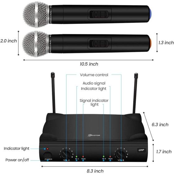 UHF Wireless Microphone System， EIVOTOR Dual Channel Handheld Wireless Microphone with Professional Karaoke Receiver and 2 Handheld Dynamic Mics Set， for Home Party， KTV， Meeting， Wedding， Church