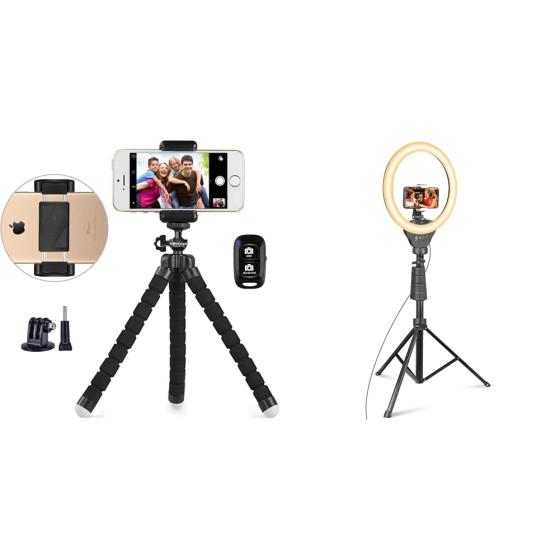 Phone Tripod， UBeesize Portable and Adjustable Camera Stand Holder with Wireless Remote and Universal Clip， Compatible with Cellphones， Sports Camera