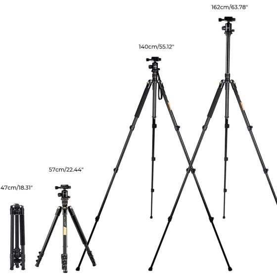 K&amp;F Concept 64''/162cm DSLR Tripod，Lightweight and Compact Aluminum Camera Tripod with 360 Panorama Ball Head Quick Release Plate for Travel and Work B234A1+BH-28 (TM2324)