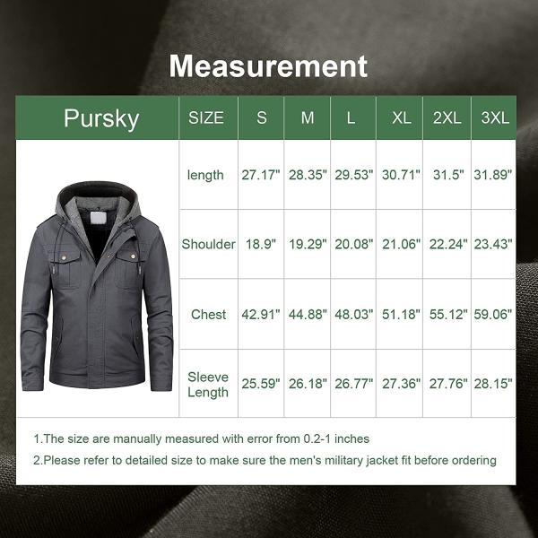 Pursky Men's Military Jacket Casual Washed Cotton Hooded Canvas Coat Fall Coat